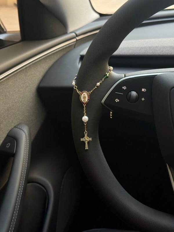 1pc Colorful Pearl Cross Steering Wheel Rosary Ornament | Rosary Car Pendant Accessory | Car Decor | Car Pendant | Unique Fashionable Car Hanging Decoration