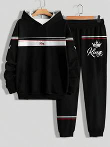Conjunto de 2 peças de moletom com capuz e cordão para homens e mulheres, casal, preto e vermelho, listrado, patchwork, estampa digital, letras do rei, calça casual - Multicolorido - Ver 3