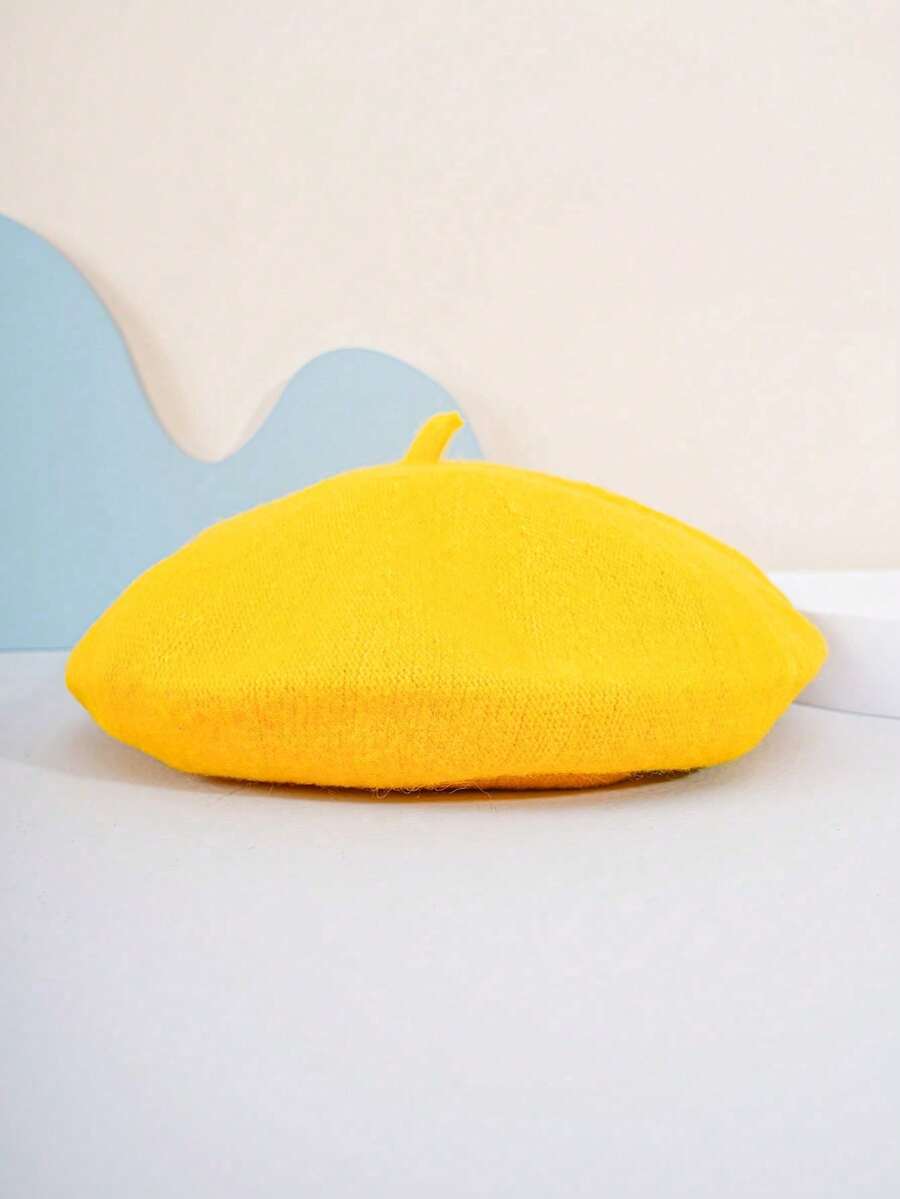 1顶男女通用纯色贝雷帽，时尚配饰，可搭配连衣裙，复古艺术家帽，中性款，秋冬黑色贝雷帽 - 黃色 - 查看 1