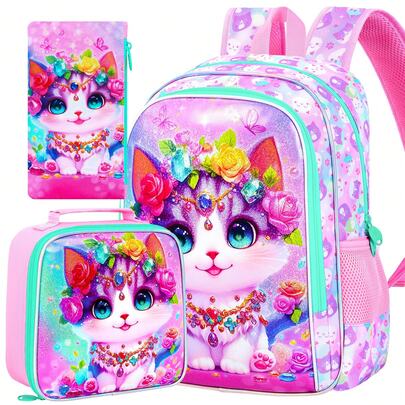 16" Katzen Rucksack für die Schule, Mädchen Kinder Schulrucksack mit Lunchbox, 3-teiliges Rucksack-Set für Grundschule Vorschule Kindergarten (Pink)
