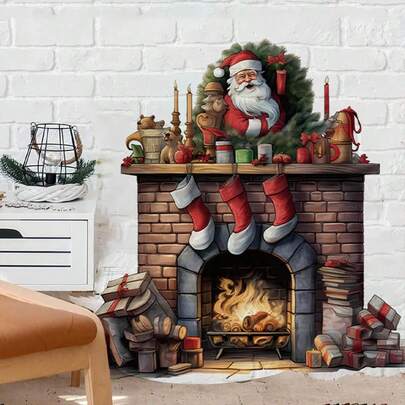 Dolap, Giriş, Oturma Odası, İç Mekan Atmosferi Dekoru İçin Noel Şömine Duvar Çıkartması ve Kendinden Yapışkanlı PVC Duvar Kağıdı