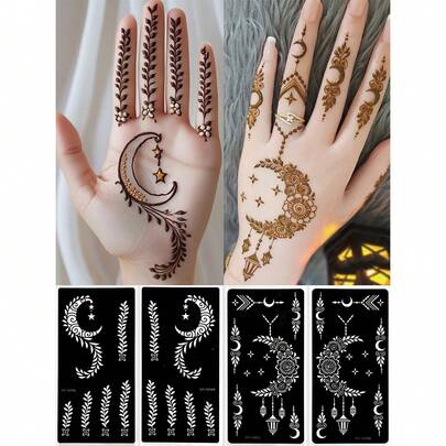 Bộ 4 tờ giấy nến xăm hình mặt trăng tạm thời - Họa tiết hoa gợi cảm dùng tay, Sơn tự làm, Dùng cho mực, Miếng dán hình xăm Mehndi tái sử dụng cho trang điểm dự tiệc cơ thể phụ nữ