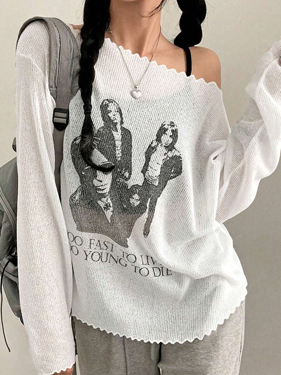 2025 春秋新款图案印花时尚女式休闲通勤长袖上衣 - 白色 - 查看 1