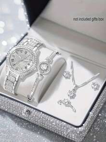 kuuioe 6pcs/Set Elegant Women Watch And Jewelry Suit, Zinc Alloy Round Case With Crystal Decor Including Necklace, Bracelet, Earrings And Ring. Perfect Gift For Valentine's Day, Easter, Ramadan, Birthday, Christmas,Mom,Mother,Mother's Day,Gift