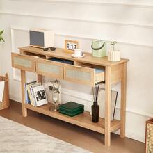 Rattan Console Table With 3 Storage Drawers, Rattan Entryway Table With Natural Rattan Sliding Door, Console Sofa Table For Living Room, Study, Entryway Or TV Wall, Natural - 3 Storage Drawers - 查看 9