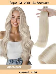 60#Platinum Blonde 20Ppcs/Pack/50g  Thick Tape In Hair Extensions Human Hair 16-26 Inches 50g 20Pcs/Pack Tape Ins Human Hair Extensions Real Human Hair Tape In Extensions Silky Straight  For Fashion Women - S60 - 查看 1