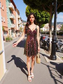 D&M Colorful Sequin Waist Ruched Criss-Cross Strap Dress - Multicolor - View 8