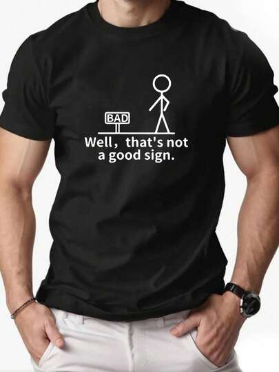 Camiseta gráfica de figura de palo divertida para hombres - Camiseta minimalista con la frase "Bad Sign" - Camisa casual gris ligera para adultos - Ropa de verano, ropa humorística, diseño juguetón, ajuste cómodo, top llamativo, hombres adultos