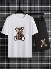 Conjunto casual cómodo de 2 piezas para hombre con estampado de OSO, camiseta de manga corta y pantalones cortos, ropa fresca, versátil y cómoda para el verano. - Blanco - Ver 11
