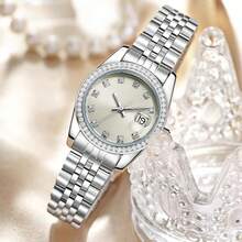 SHENGKE Women's Crystal Accented With Solid Alloy Steel Band Watch Elegant Dress Quartz Calendar Watches For Women - Bạc & Xanh nhạt màu be - Xem 4