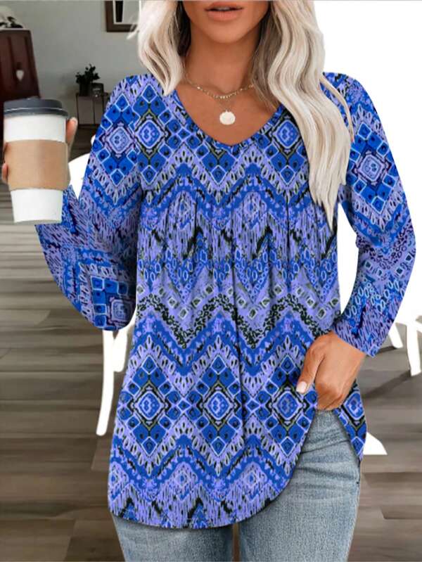 Camiseta feminina plus size estampada com decote em V, busto franzido, manga comprida, casual, primavera/outono