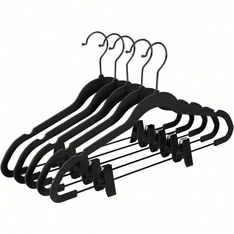 Premium All Black Velvet Pants Hangers With Adjustable Clips (Pack Of 20) Slim Skirt Hangers- Non Slip Felt Outfit Dress- Black Hooks,Space Saving Shirt Clothes -END - 黑/黑 - 查看 1