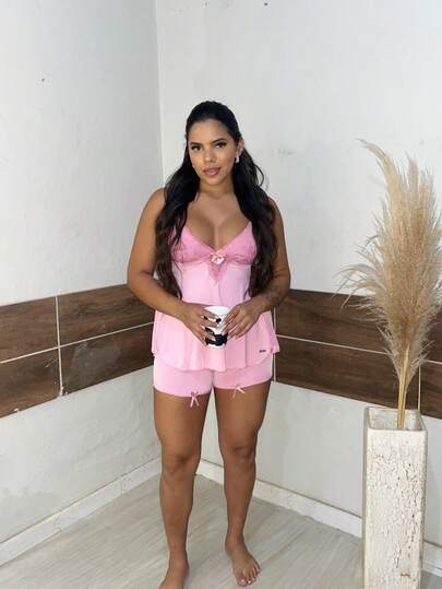 Baby Doll Renda Sensual Feminino Linha Noite Alcinha Short Luma