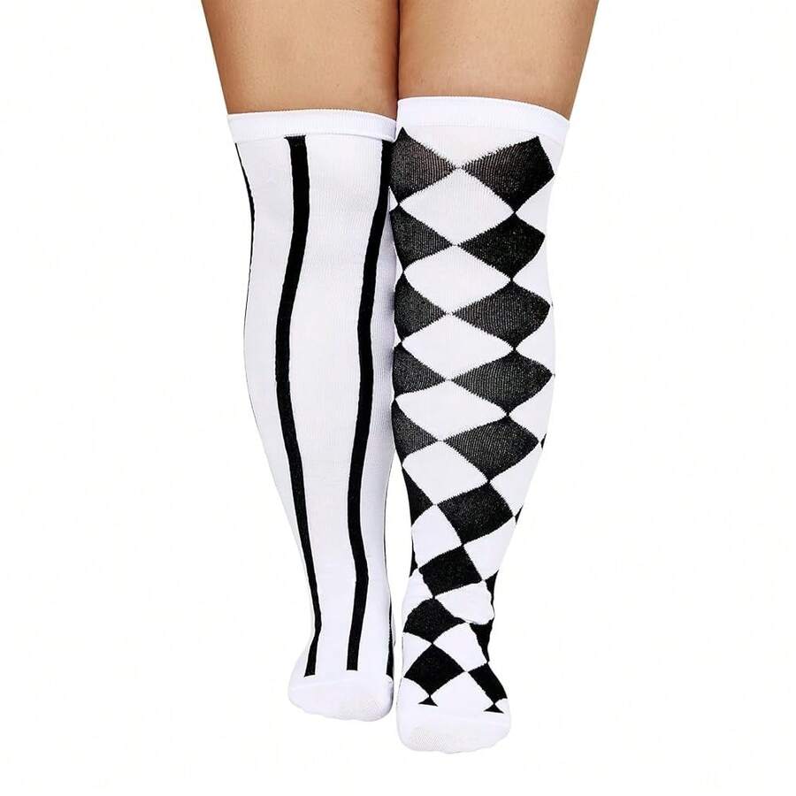 Zando Plus Size Thigh High Socks For Thick Thighs Women Striped Thigh High Stockings Over The Knee Socks Leg Warmers{"Size_name":"OneSize","Color_name":"StripedDiamond"} - 條紋鑽石 - 查看 1