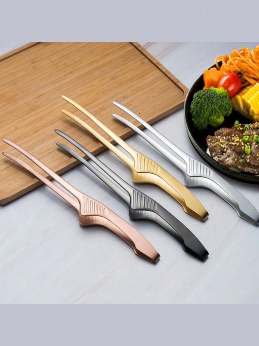 Korean Stainless Steel Barbecue Tongs, Kitchen Steak Tongs, Baking Bread Tongs, Delicate Round Gripping Head Easy To Hold, Comfortable Handle, Monolithic Design, Multi-Functional Steak Tongs Kitchen Tool, Extended Design Suitable For Hot Pot And Buffet Service, Can Be Used For Cooking, Serving, Grilling, Salad, Etc. - Multicolor - View 1