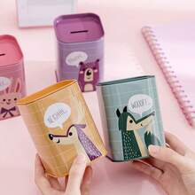 Alcancía de metal cuadrada de hojalata, alcancía de estilo británico, soporte para bolígrafos de animal de dibujos animados, recipiente de almacenamiento de alcancía