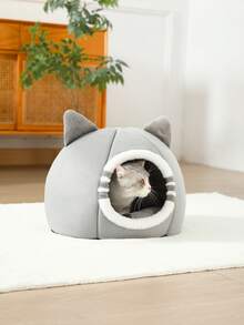1 件舒适可爱的宠物猫床屋，可拆卸可洗猫窝，温暖的宠物洞穴窝，适合兔子、小型犬、猫冬季室内使用 - 灰色 - 查看 4