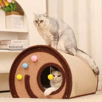 Enclosed Cat House With Thick Cushion, Large Sisal Scratching Pad, Suitable For Winter