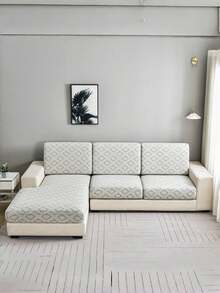 1pc Plaid Heart Printed Milk Silk Elastic Sofa Cover, Thermal Lined, Suitable For All Seasons - Light Grey - View 1