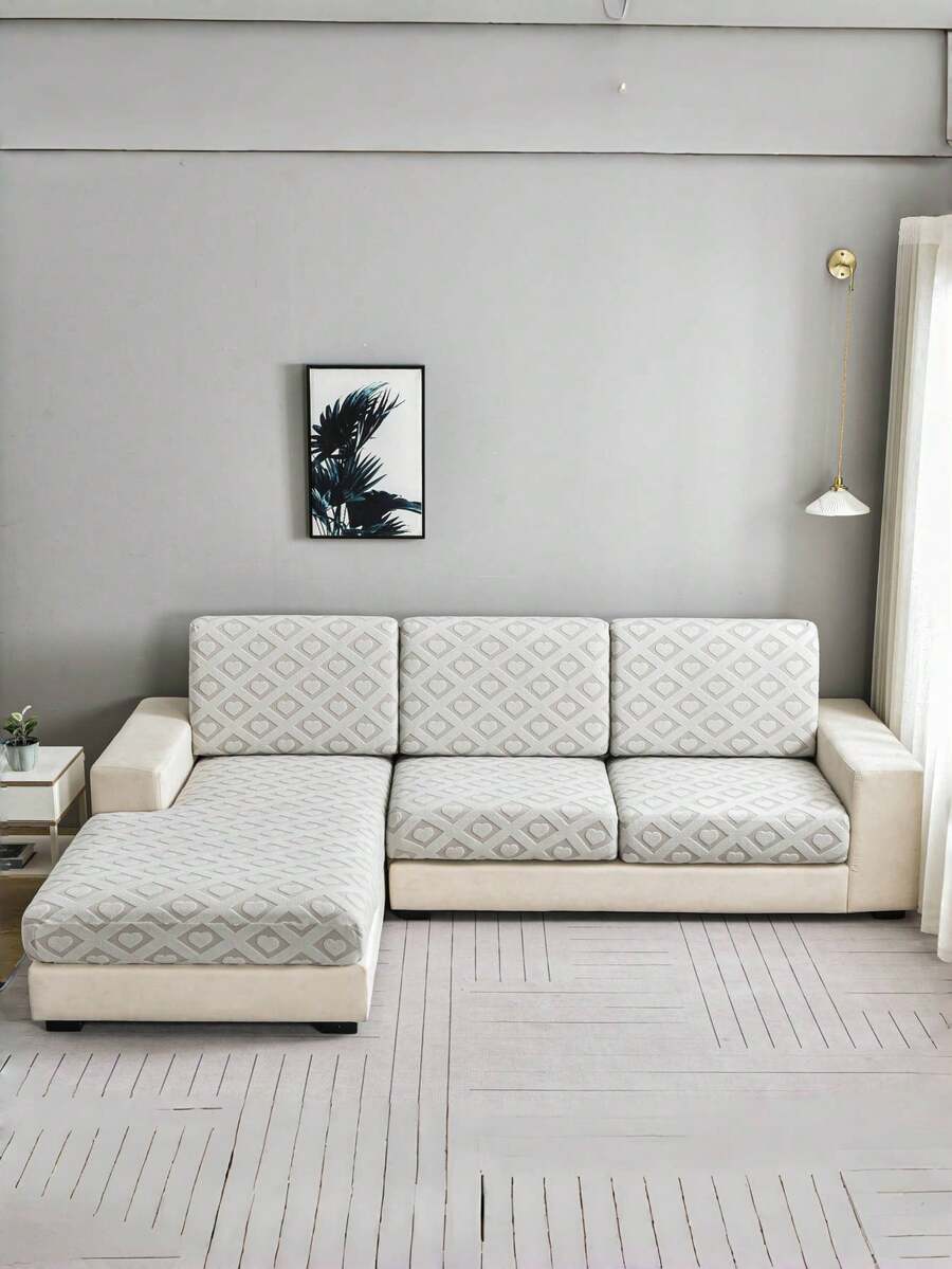 1pc Plaid Heart Printed Milk Silk Elastic Sofa Cover, Thermal Lined, Suitable For All Seasons - Light Grey - View 1