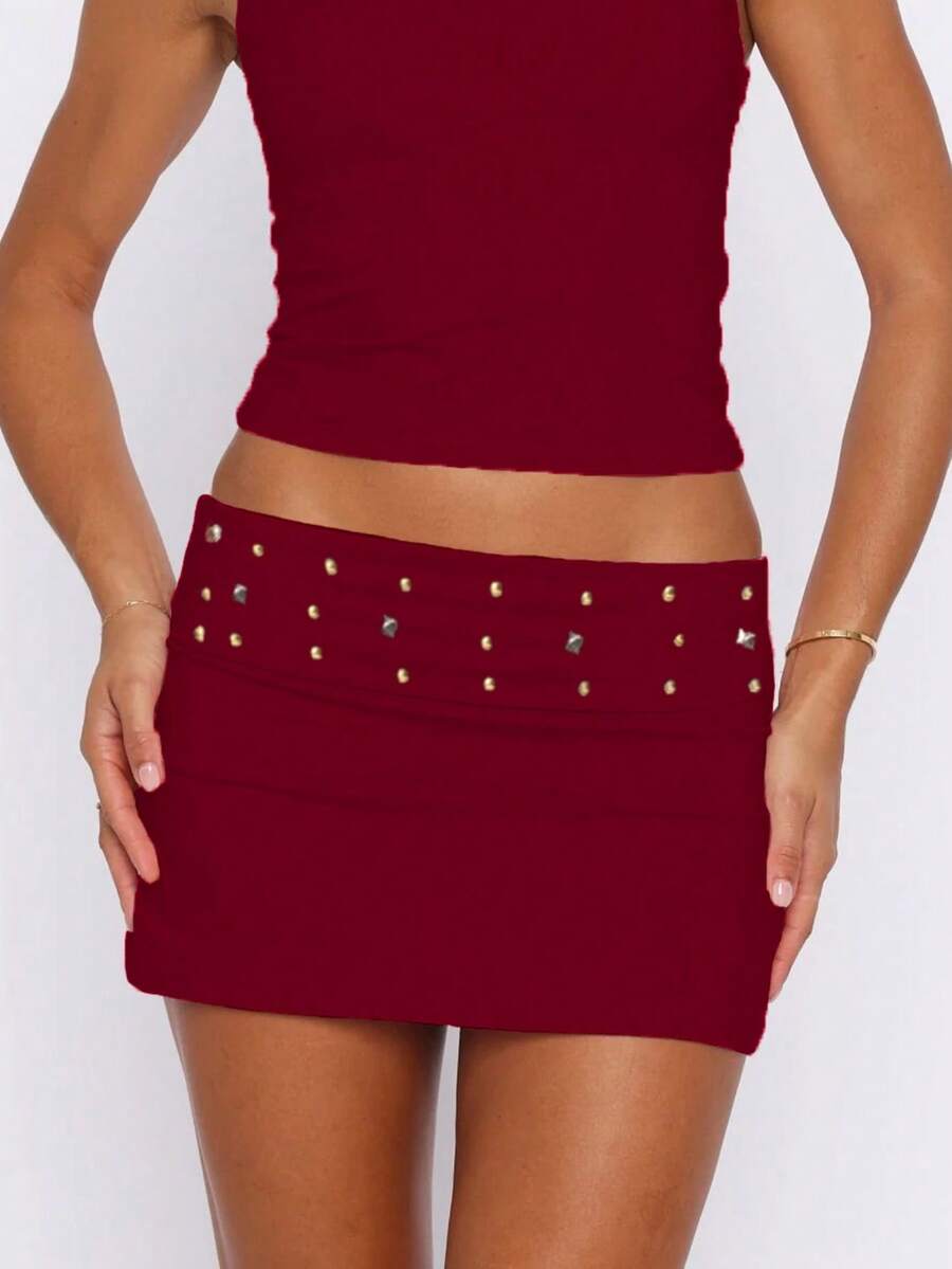 Y2K Studded Bodycon Mini Skirt For Women Fold Over Waist Low Rise Stretchy Micro Skirts Summer Slim Fit Going Out Short Skirts Underneath Party Club Concert Outfit Streetwear - 紅色 - 查看 1