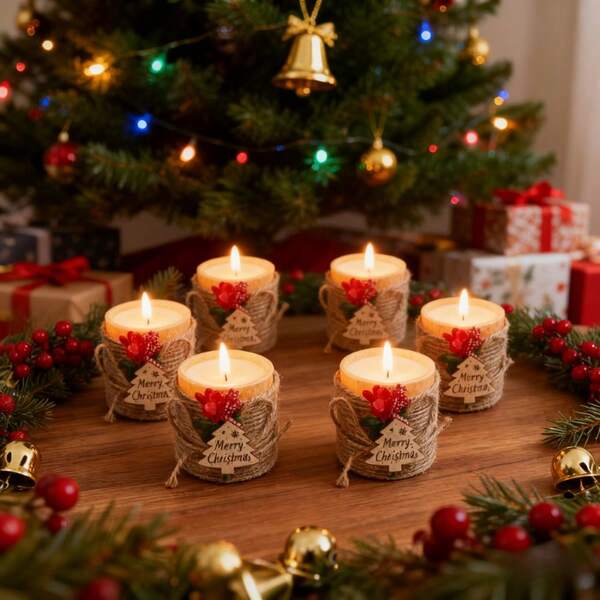 VICKYO Conjunto de 6 ou 8 velas de Natal em madeira, decoração rústica e charmosa com enfeite de árvore "Feliz Natal", amarradas em barbante de juta, perfeitas para decorar a casa e presentear no Natal, além de serem ideais para enfeitar lareiras, mesas de festa e como presentes de Natal para familiares e amigos.