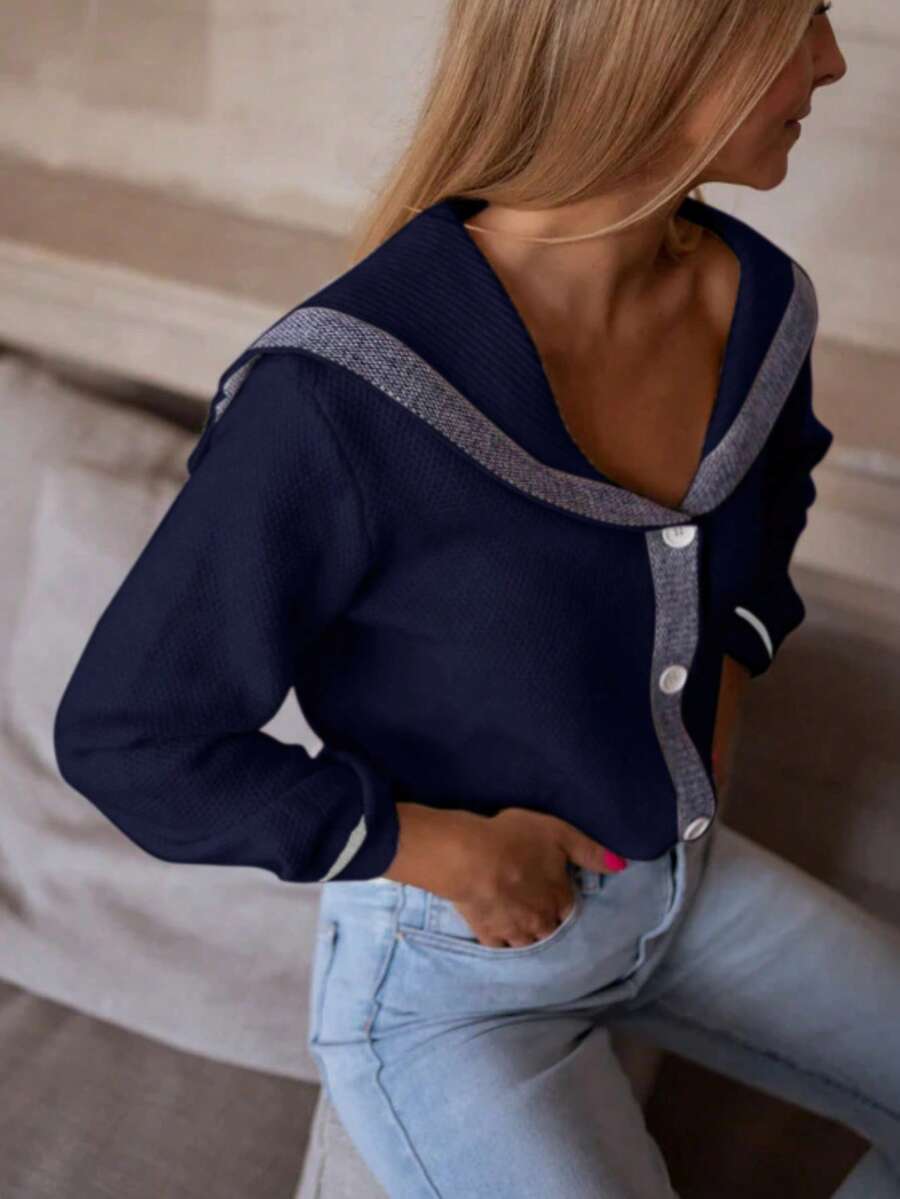 Áo cardigan dệt kim tay dài cổ thủy thủ dành cho nữ, cài cúc phía trước, chất liệu nhẹ, dáng suông, phong cách thời trang thường ngày phù hợp cho việc đi làm, áo len dễ thương. - Màu xanh lam - Xem 1