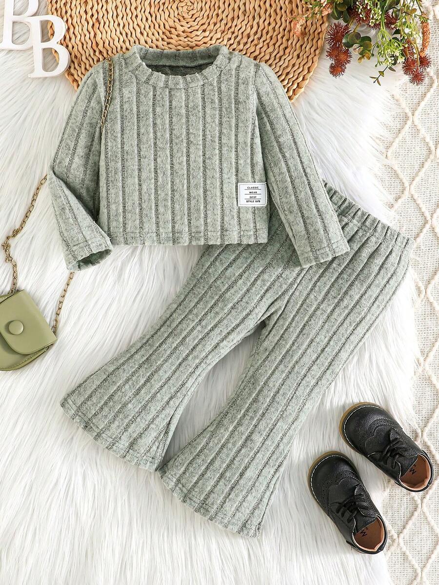 2 件套女婴休闲长袖上衣和时尚喇叭裤套装，春秋季 - 綠色 - 查看 1