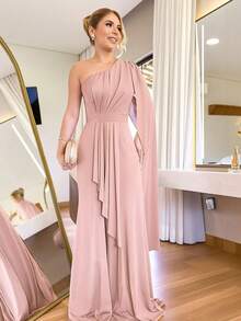 Women's Long Party Dress One Shoulder With Elegant Slit One Size M (Fits 38 To 42) Simple Elegant Party Beach Wedding, Bridesmaid And Graduation. - 乾枯玫瑰色 - 查看 2