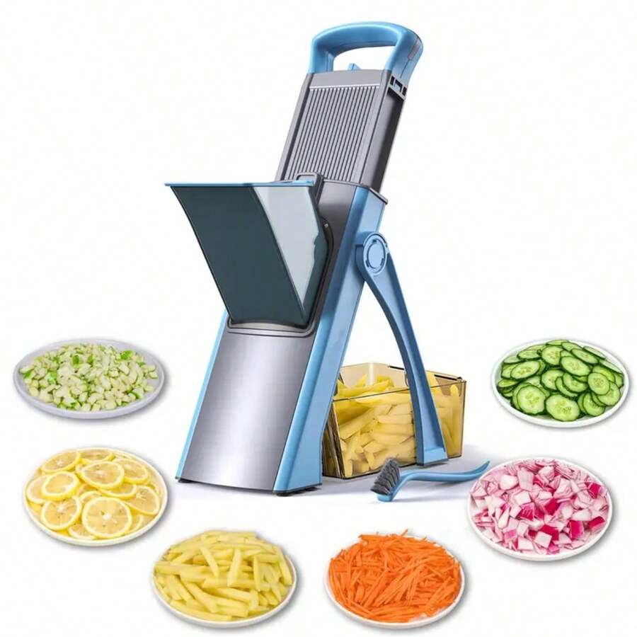[5 In 1] Multifunctional Vegetable Cutter, Manual Fruit Cutter With Adjustable Stainless Steel Blade, Foldable Design, Large Capacity 1-10L, ABS Material, With Container, Onion Chopper For Chopping, Slicing, Removing, Dicing - 藍色 - 查看 1