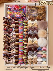 VBOOR 10/822件套复古棕色系发饰套装，适合女士秋冬季佩戴，包含毛绒发圈、纯色蝴蝶结发夹、兔耳朵发圈、弹力发圈、竹节发结、纯色发圈和TPU发绳，适合女士和女孩日常佩戴，可扎马尾辫。 - 彩色 - 查看 14