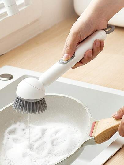 1pc Long Handled Liquid Filled Rotating Pot Brush, Kitchen Specific Pot Washing Brush, Non Greasy And Non Damaging Multi-Functional Cleaning Brush For Household Use