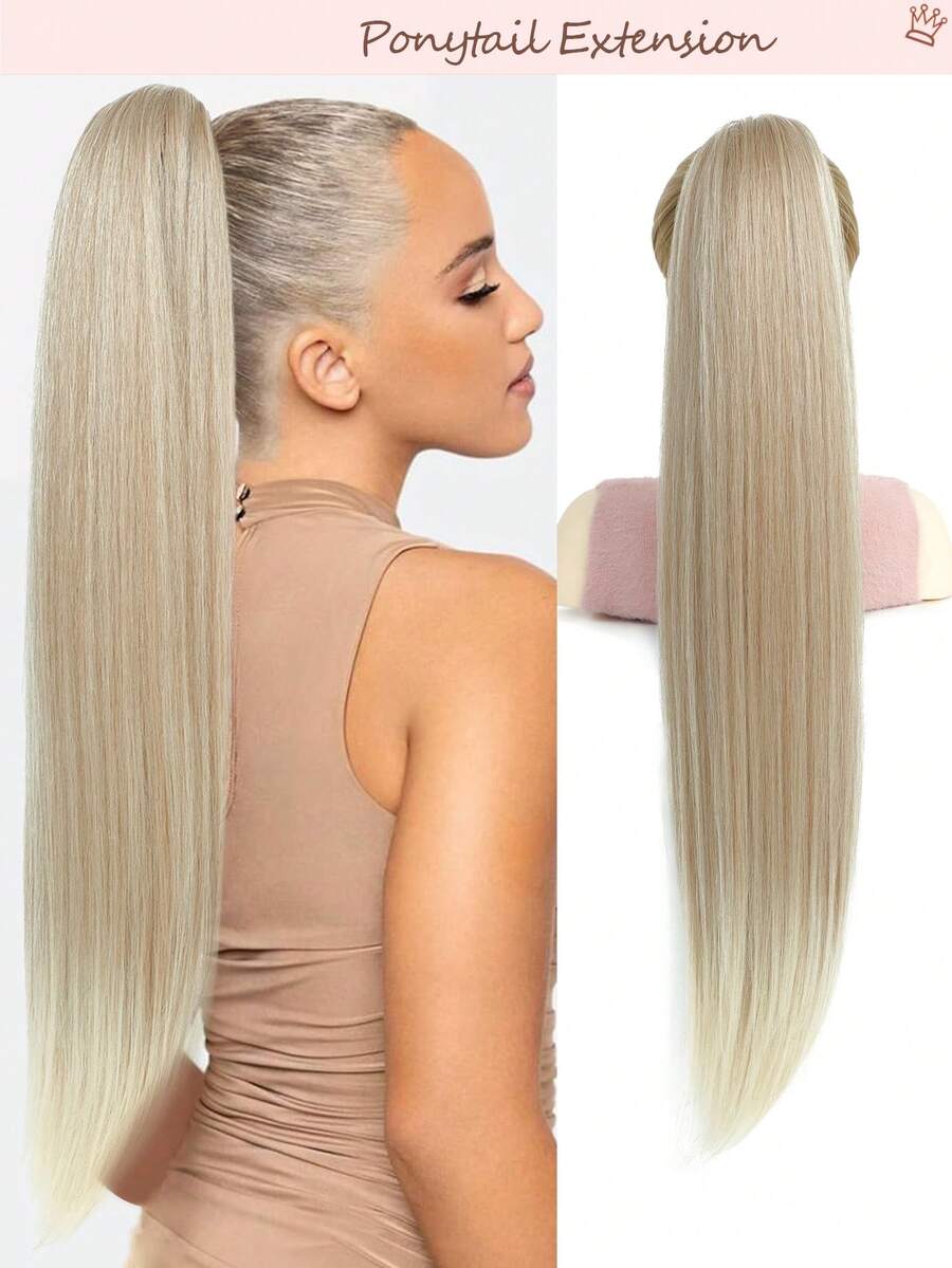 Ombre Gold Straight Hair Ponytail Extension, Women's Synthetic Fiber Wrap-Around Long Clip-In Ponytail Wig, Natural Soft Heat Resistant Extension - Blonde Ombre - View 1