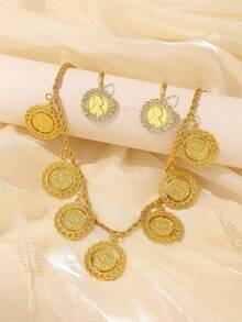 1 Set de Collar y Aretes con Forma de Moneda Dorada, Incrustados con Rhinestones, Estilo Marroquí, Accesorio de Moda para Bodas y Fiestas