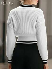 DONICY Damen einfarbige Kontrast V-Ausschnitt Einreiher Strickjacke, modischer retro minimalistischer vielseitiger Schwarz & WeTopeil, geeignet Lässigsual, Business, Konzerte, Schule, Partys