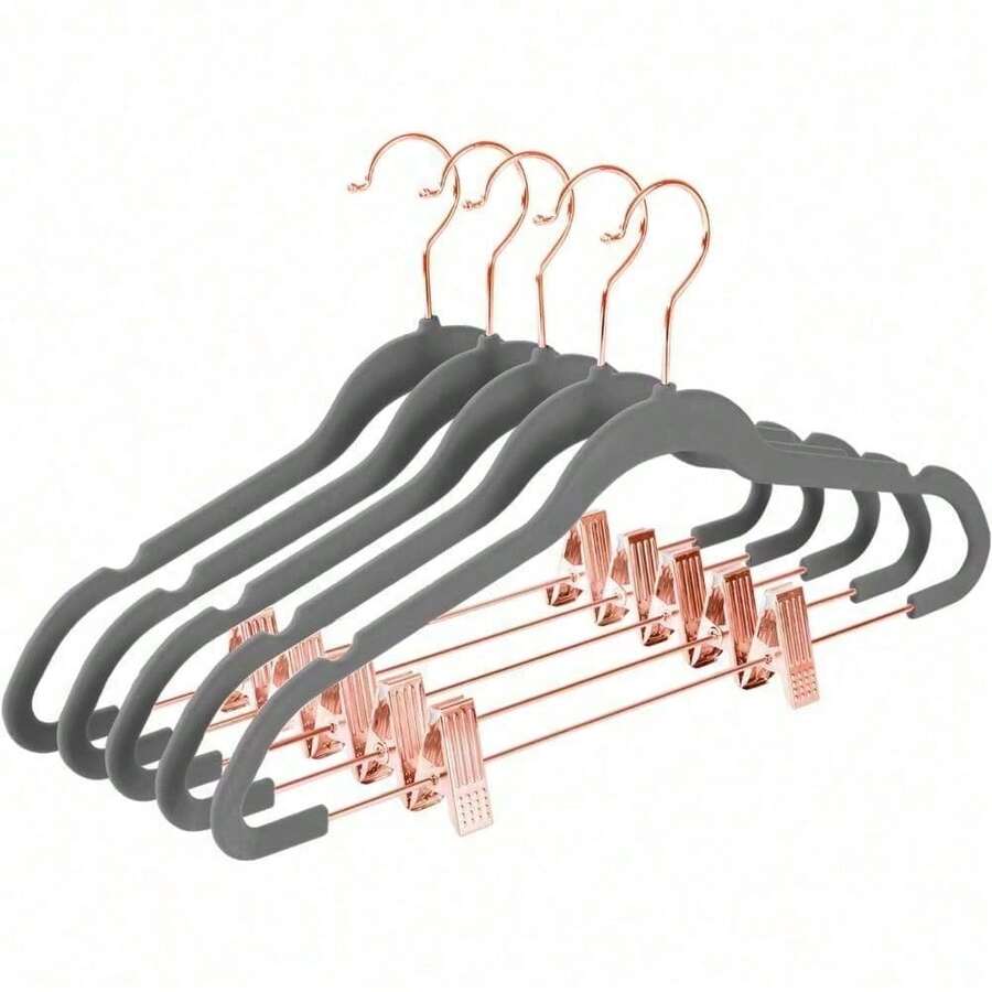 Premium All Black Velvet Pants Hangers With Adjustable Clips (Pack Of 20) Slim Skirt Hangers- Non Slip Felt Outfit Dress- Black Hooks,Space Saving Shirt Clothes -END - 灰色/玫瑰金 - 查看 1