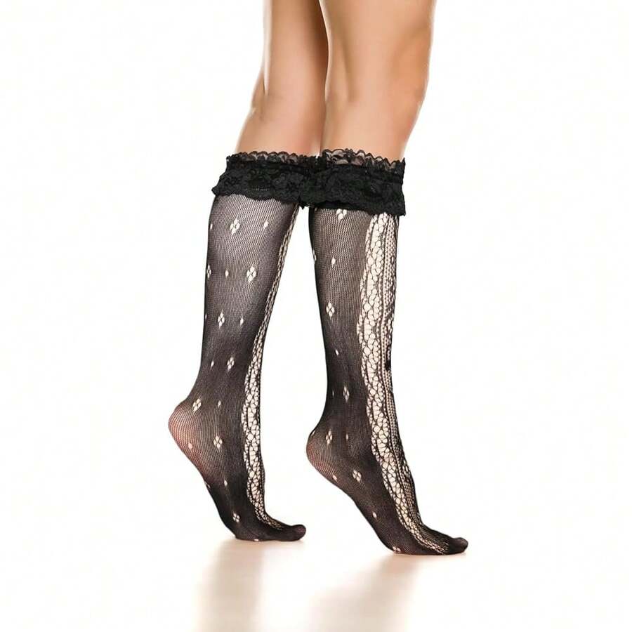 Benefeet Sox Lace Knee High Socks Women Girls Patterned Mesh Fishnet Knee High Stockings Hollow Calf Lolita Sock{"Color_name":"Black-LaceRuffleFloralPattern"} - 黑色蕾絲荷葉邊花卉圖案 - 查看 1