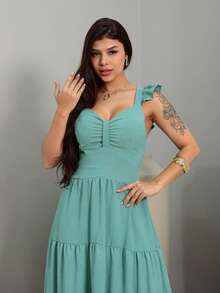 Duna Luxury Midi Dress, Plain, Gathered, With Ruffle On The Sleeve - Mint Green - View 8