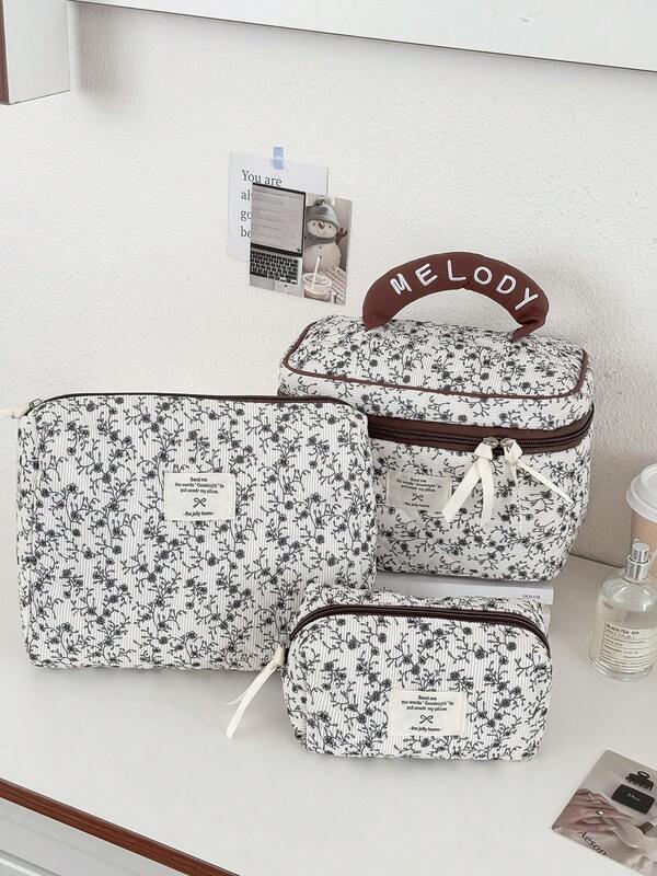 Soft Corduroy Rose Flower Print Cosmetic Bag, Zipper Closure, Suitable For Storing Small Items For Daily Use Or Travel, Portable Toiletry Bag, Fashion Makeup Organizer For Women