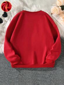 Grazioso capibara appoggiato a una grande mela che mangia a stomaco pieno. Stile preppy oversize minimalista e curvy per ragazzi e ragazze. Morbido e comodo girocollo sportivo. Carino e attraente. Versatile stile street. Felpa in cotone a maniche lunghe. - Grande rosso - Visualizzare 2