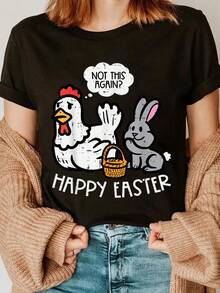 100% Coton Chemises de Pâques Femmes Hommes Cadeau de Pâques Joyeuses Pâques Lapin Poulet Pas Encore Drôle T-Shirt Femmes Hommes Vacances d'été Doux Tee Coupe Décontractée Confort Classique Hauts - Noir - Voir 5