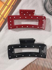 2 件亮面黑色和红色波尔卡圆点简约优雅大方形发夹，适合日常和茶会优雅发夹冬季发饰时尚发夹 - 2件套-波點方形 - 查看 2