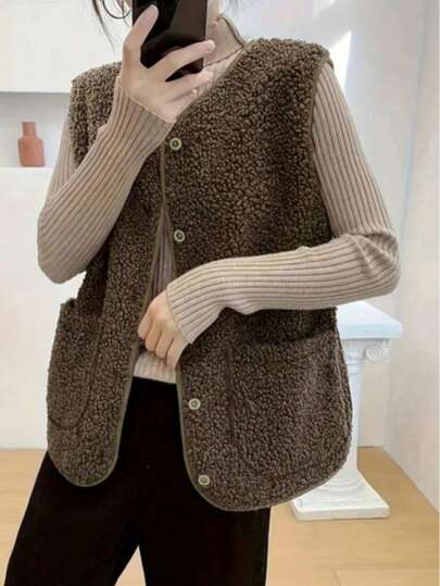 女式加大码灯芯绒背心，无袖，圆领，棕色，常规长度，带口袋和纽扣