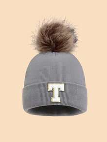 1pc Unisex 26 Letter Decor Faux Fur Pom Pom Knit Beanie Hat, Versatile Warm Windproof Casual Cap, Suitable For Autumn/Winter Outdoor Wear, Great Gift Men Women Clothing Winter