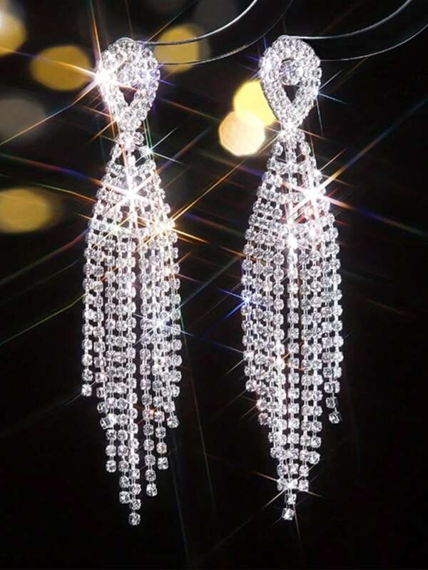 1 Pair Elegant Pendant Earrings, Sparkling Tassel Design With Inlaid Rhinestones, European & American Style Vintage Accessories, Fashionable Bridal Jewelry