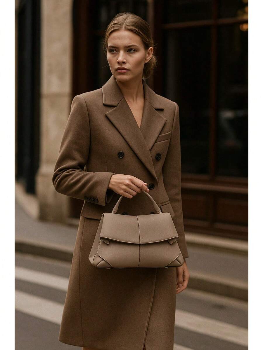 Bolso de mano de cuero genuino plisado para mujeres - Diseño minimalista y elegante - Gris - Ver 1