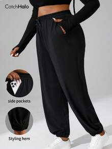 Quần nỉ rộng rãi dành cho nữ cỡ lớn, kiểu dáng thể thao thường ngày, cạp chun có dây rút, túi bên hông, ống quần thuôn, tạo dáng tôn vóc dáng, phù hợp với người có thân hình đầy đặn. - màu đen - Xem 3