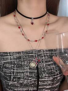 1 Set Sexy Chic Heart & Cross Pendant Necklace, Multi-Layer Chain Choker Necklace, Ideal Jewelry Gift For Women, Suitable For Daily Wear