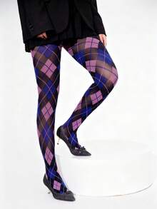 格子、花卉、条纹蓝粉丝绒连裤袜，菱形图案尼龙紧身裤，卡通格子紧身裤，高弹透气舒适塑形瑜伽紧身裤，女士款，舒适保暖 - 粉色 - 查看 3