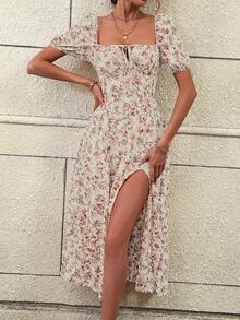 Women's Floral Print Square Neck Dress French Split Hem Dresses Elegant And Sexy - Màu Hồng baby - Xem 1